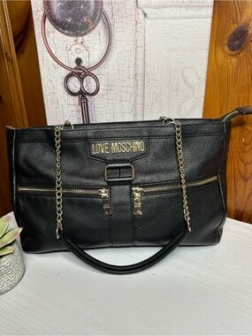 Love Moschino Black Quilted-Look Shoulder Bag with Gold Hardware